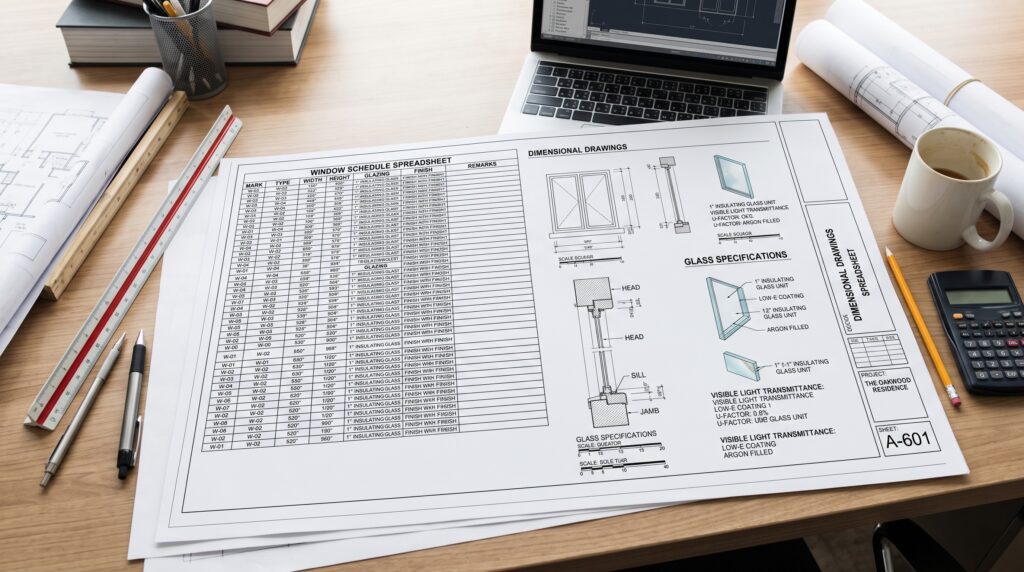 How to Buy Windows From China Complete Guide for Project Buyers Detailed architectural window schedule spreadsheet with dimensional drawings and glass specifications on a desk