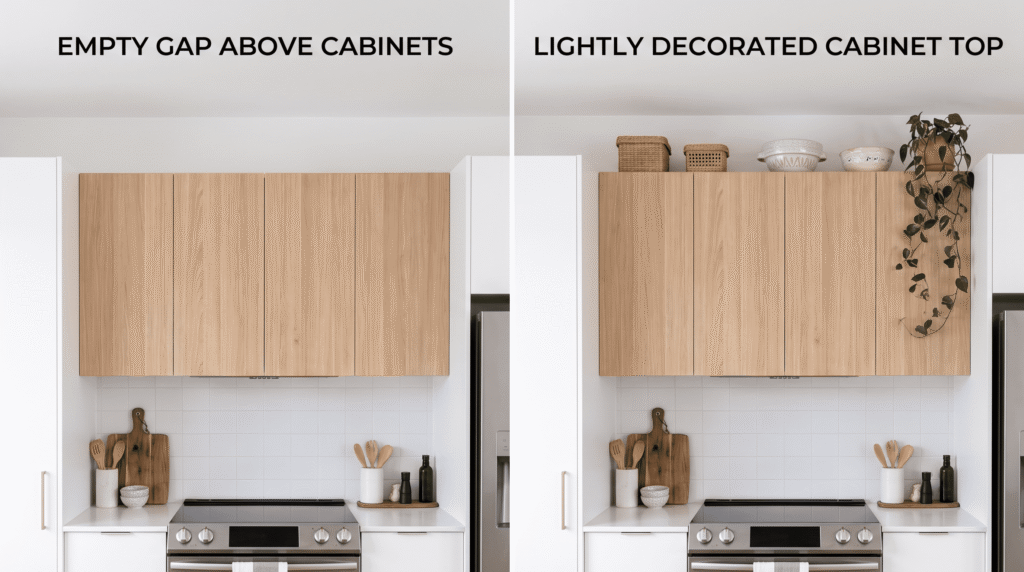 Above Kitchen Cabinet Decor Ideas for a Stylish Kitchen Empty gap above kitchen cabinets compared with a lightly decorated cabinet top