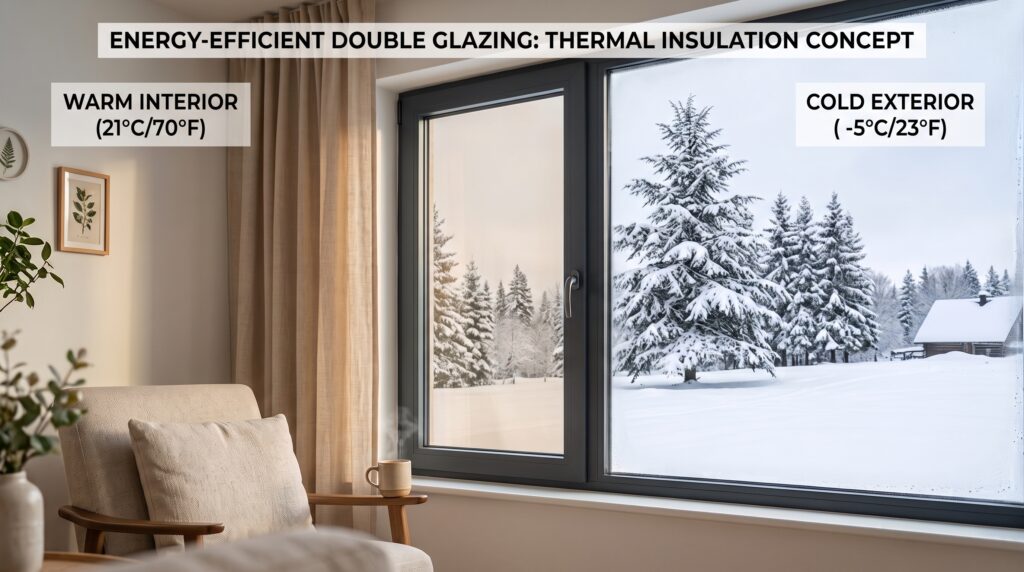 PVC vs Aluminum Windows Which Frame Is Better for Your Project Energy-efficient double-glazed window showing thermal insulation concept with warm interior and snowy winter outdoor background