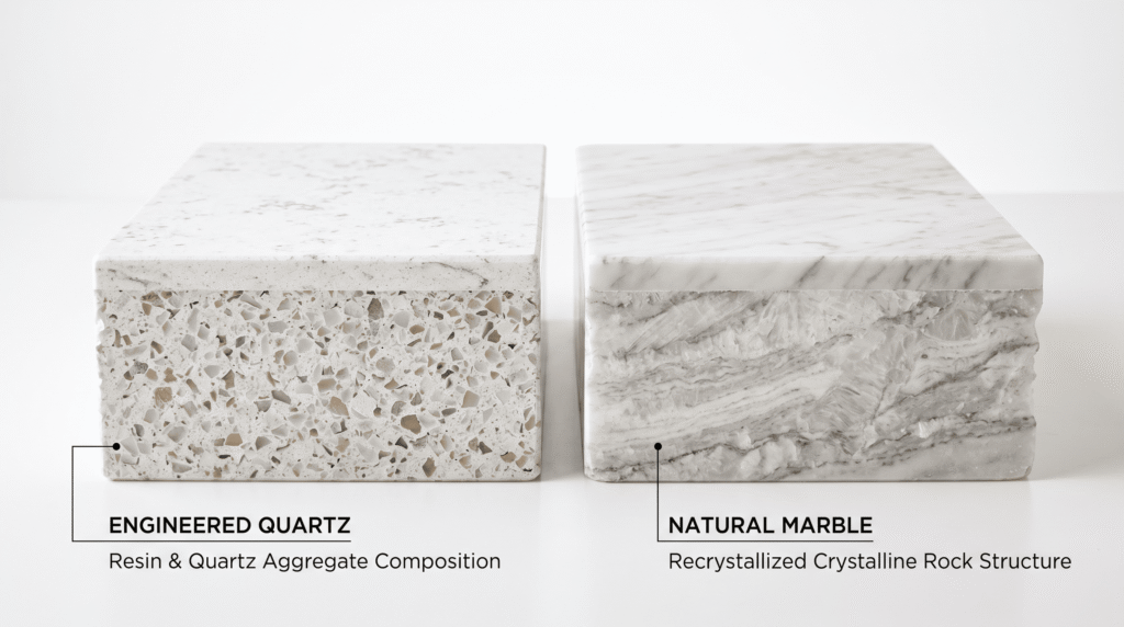 Calacatta Gold Quartz Kitchen Design and Buying Guide Engineered quartz cross-section beside a natural marble slab showing material composition layers, white studio background, product photography.