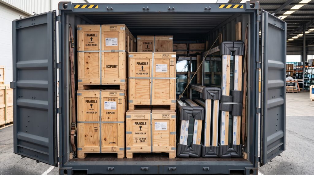 How to Buy Windows From China Complete Guide for Project Buyers Export-grade wooden crates and corner-protected glass windows packed tightly inside a shipping container