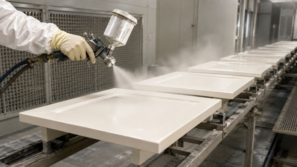 MDF Kitchen Cabinets Pros Cons and Best Uses Factory sprayed lacquer being applied to MDF cabinet doors on a finishing line