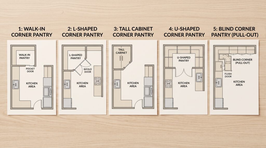 Corner Pantry Ideas with Practical Dimensions and Layouts Five corner pantry types shown as kitchen floor plans including walk-in L-shaped tall cabinet and blind corner