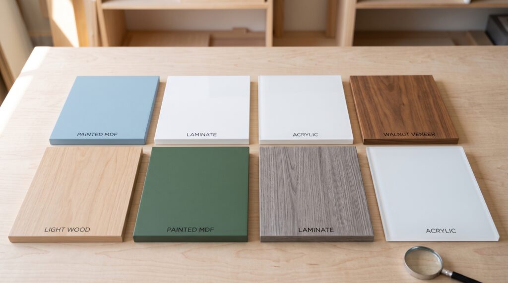 Flat Panel Kitchen Cabinets Materials and Design Guide Flat panel cabinet door samples in painted MDF laminate acrylic wood veneer and solid wood finishes