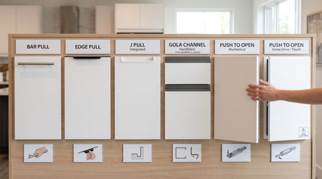 Flat Panel Kitchen Cabinets Materials and Design Guide Flat panel cabinet showing bar pull edge pull J pull gola channel and push to open hardware options