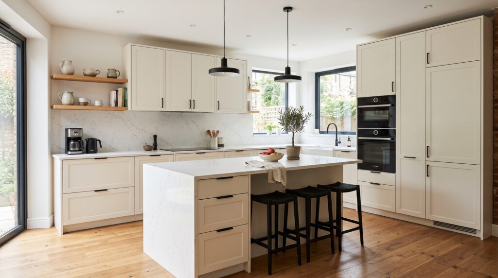 Cream Kitchen Cabinets Design Ideas and Colour Pairings Flat panel cream kitchen with integrated handle, slim shaker door and matte black hardware showing modern update