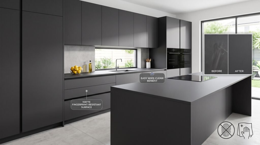 Flat Panel Kitchen Cabinets Materials and Design Guide Flat panel kitchen with matte fingerprint-resistant surface showing easy wipe-clean benefit and modern look
