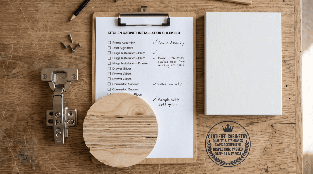 Best Kitchen Cabinet Manufacturers for Quality and Value Flatlay of a cabinet checklist on a clipboard, white veneer door sample, plywood cross-section, Blum hinge and a certification stamp