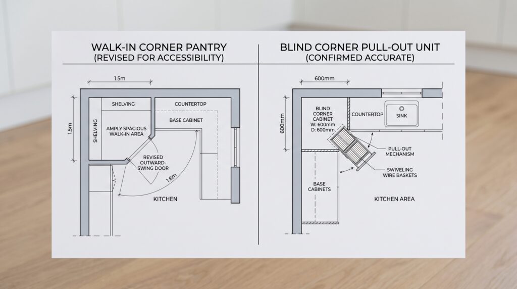 Corner Pantry Ideas with Practical Dimensions and Layouts Floor plan diagrams showing walk-in corner pantry tall corner cabinet and blind corner pull-out types side by side
