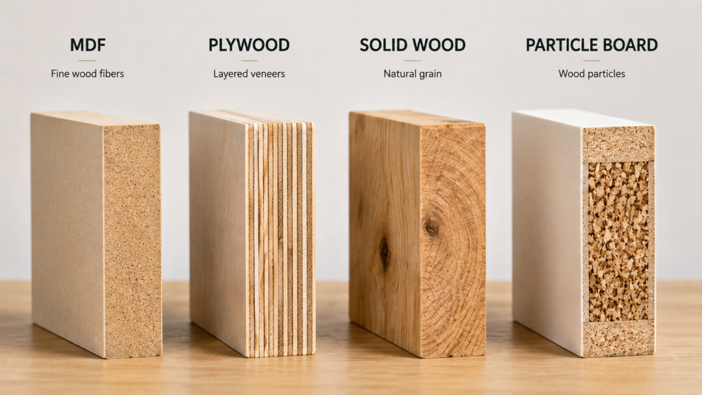 MDF Kitchen Cabinets Pros Cons and Best Uses Four cabinet material samples side by side showing MDF plywood solid wood and particle board edges