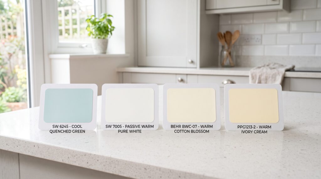 White and Gold Kitchen Ideas for a Warm Luxury Look Four white paint swatches from cool bright white to warm ivory displayed on a kitchen countertop in natural daylight.