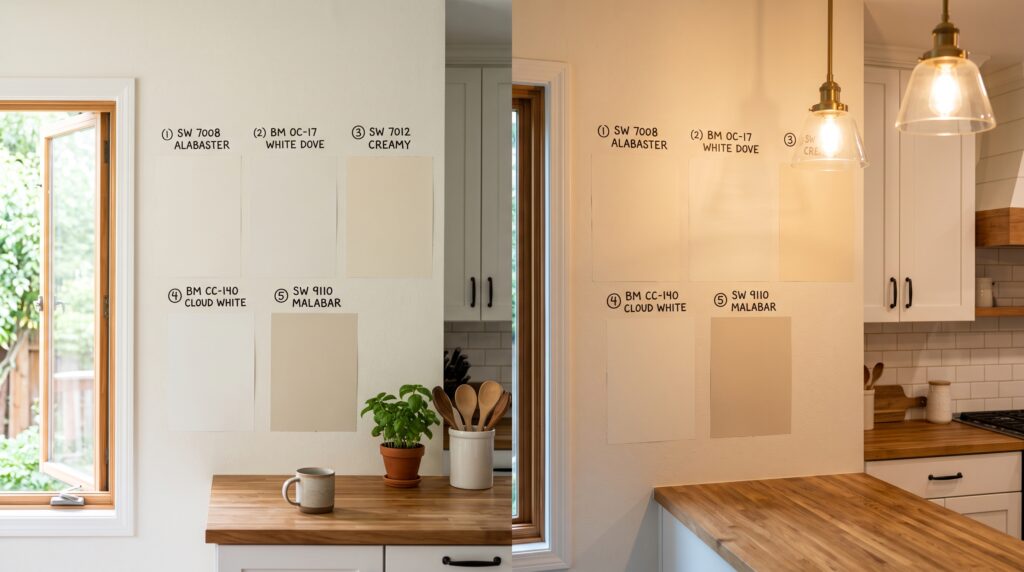 Cream Kitchen Cabinets Design Ideas and Colour Pairings Large painted cream cabinet color samples tested on kitchen wall under natural and artificial light