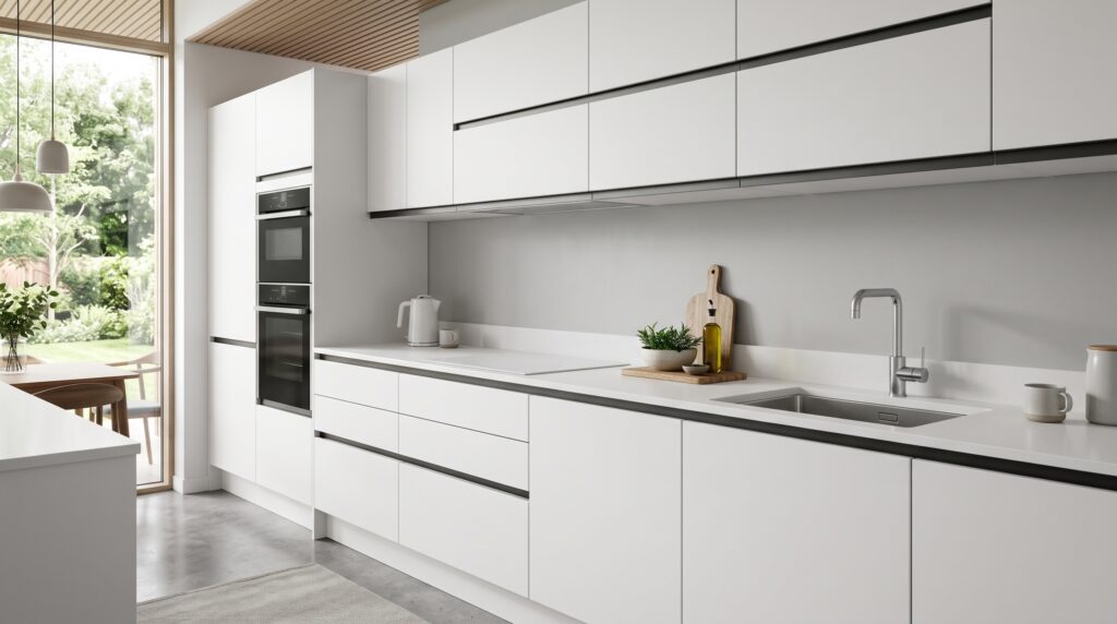 Flat Panel Kitchen Cabinets Materials and Design Guide Handleless white flat panel kitchen with integrated gola channel matte surfaces and clean uninterrupted cabinet fronts