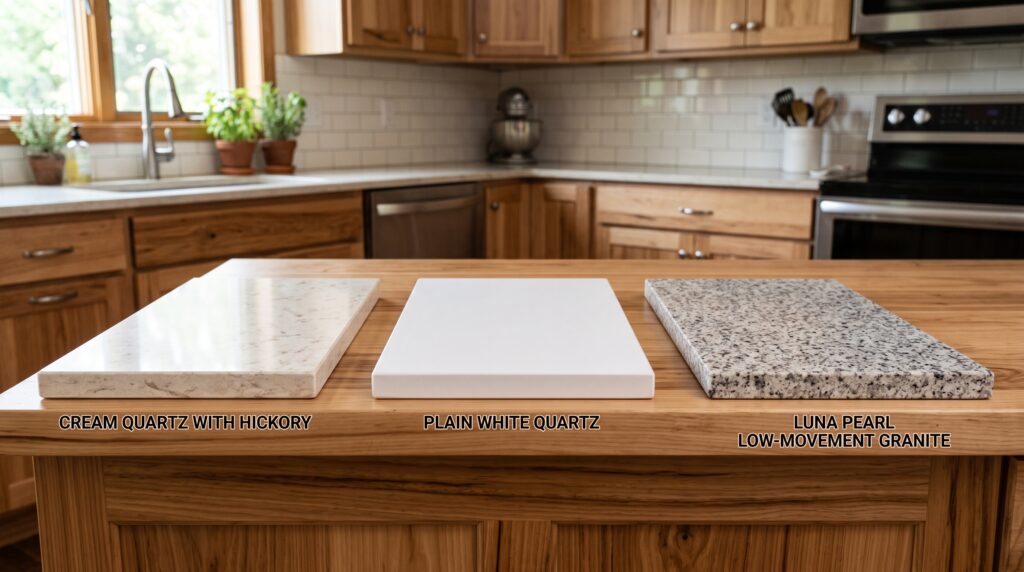 Colour Schemes with Hickory Cabinets for a Balanced Kitchen Hickory cabinets with cream quartz, plain white quartz and low-movement granite countertop samples