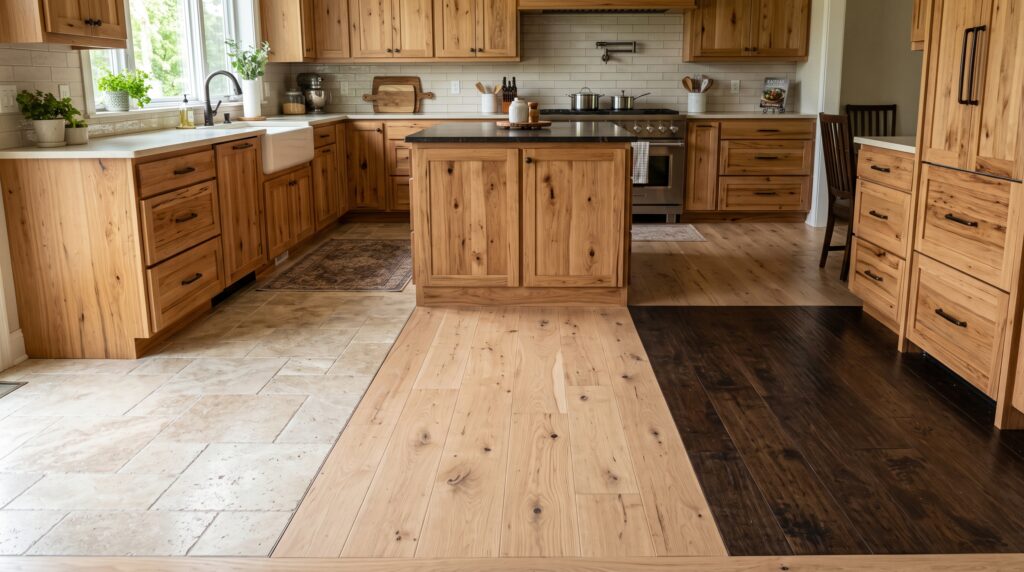Colour Schemes with Hickory Cabinets for a Balanced Kitchen Hickory kitchen flooring options showing light stone tile, pale wood plank and darker contrast floor
