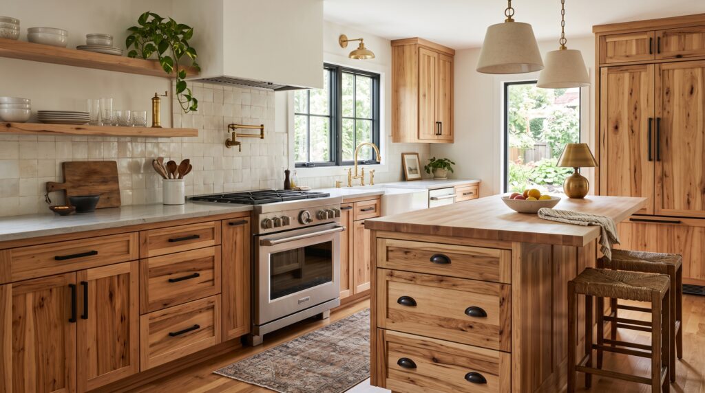 Colour Schemes with Hickory Cabinets for a Balanced Kitchen Hickory kitchen with matte black bar handles, oil-rubbed bronze pulls and aged brass fixtures