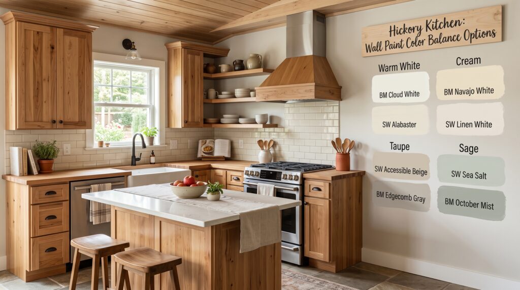 Colour Schemes with Hickory Cabinets for a Balanced Kitchen Hickory kitchen with warm white, cream, taupe and sage wall paint swatches showing color balance options