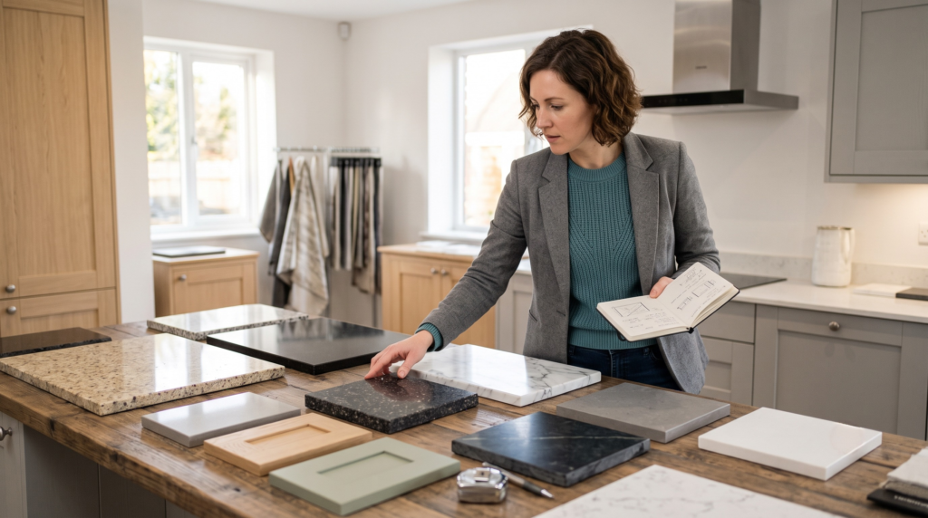 Best Kitchen Countertop Materials in 2026: Compared by Cost, Durability and Style Kitchen designer comparing countertop material options and stone samples on a worktop to choose the best countertop for a kitchen.