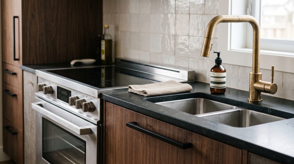 White and Gold Kitchen Ideas for a Warm Luxury Look Kitchen detail showing brushed brass tap beside stainless steel appliances and matte black handles, editorial close-up photography.