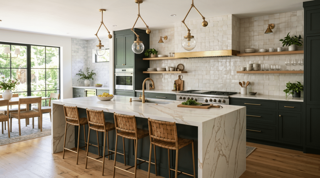 Calacatta Gold Quartz Kitchen Design and Buying Guide Kitchen island with Calacatta gold quartz waterfall sides, zellige tile backsplash and brass pendant lights overhead, wide-angle interior photography.