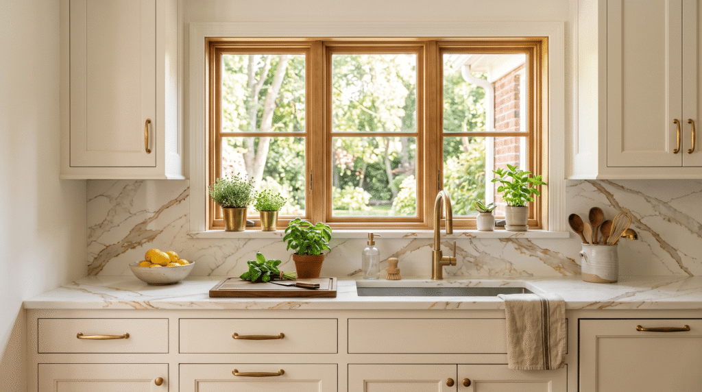 Calacatta Gold Quartz Kitchen Design and Buying Guide Kitchen vignette with a Calacatta gold quartz countertop, warm white shaker cabinets and brushed brass hardware, natural daylight from a window.