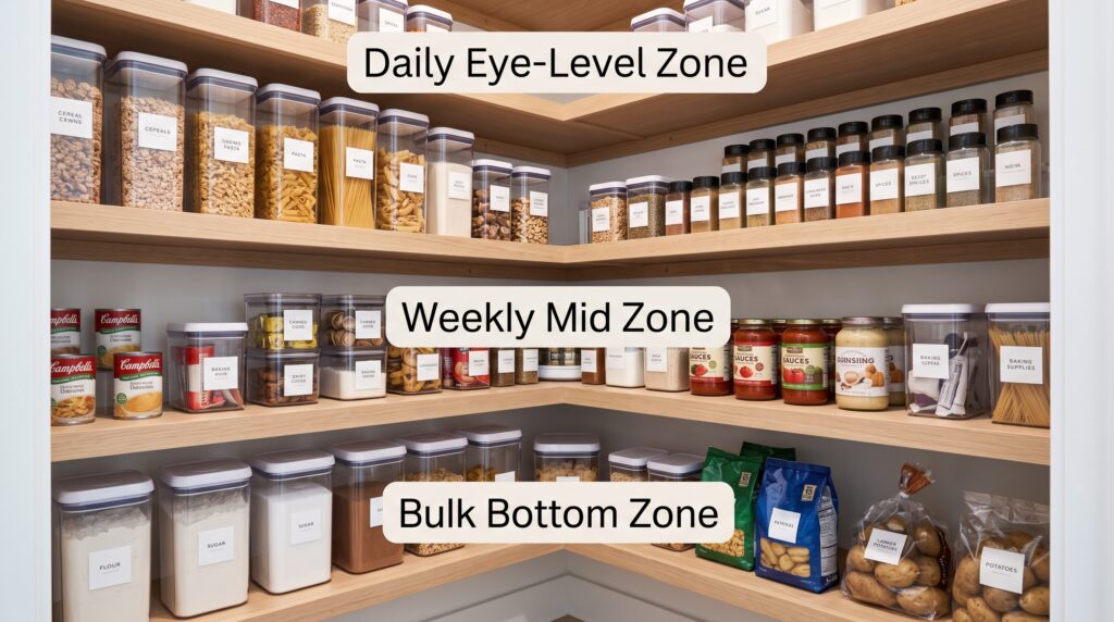 Corner Pantry Ideas with Practical Dimensions and Layouts Labelled corner pantry interior showing daily eye-level zone weekly mid zone and bulk bottom zone with clear containers