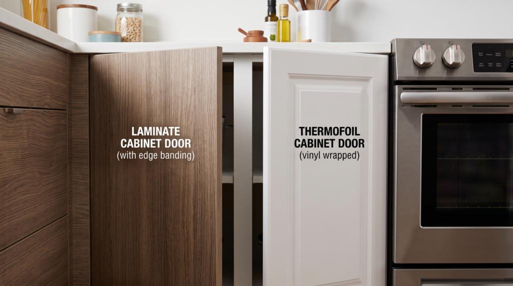 Laminate Kitchen Cabinets: Pros, Cons, Costs and Design Options Laminate and thermofoil cabinet doors placed side by side near an oven, showing edge detail for a thermofoil vs laminate comparison.