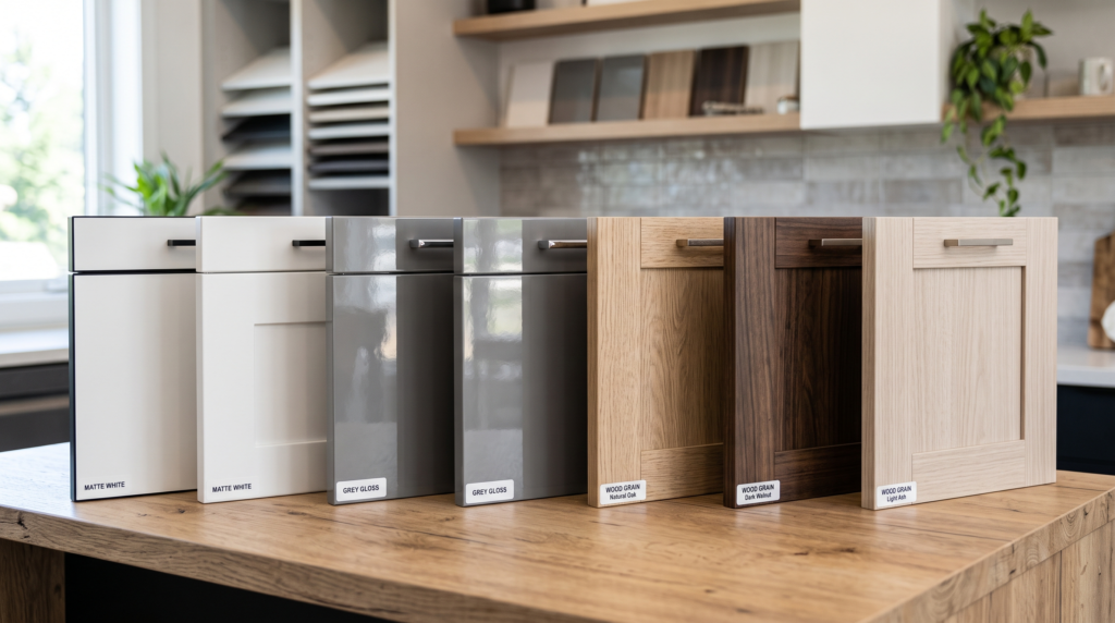 Laminate Kitchen Cabinets: Pros, Cons, Costs and Design Options Laminate cabinet finish samples arranged together in matte white, grey gloss, and wood grain laminate cabinet doors.
