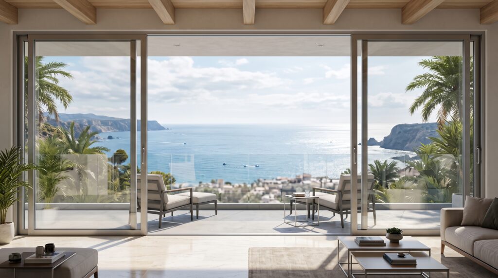 Casement vs Sliding Windows Which Is Better for Your Project Large multi-panel sliding glass windows opening onto a narrow modern balcony with panoramic view