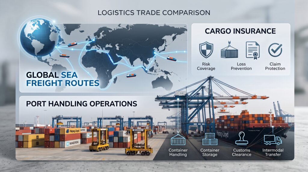 How to Buy Windows From China Complete Guide for Project Buyers Logistics trade comparison concept showing sea freight shipping routes, cargo insurance, and port handling icons