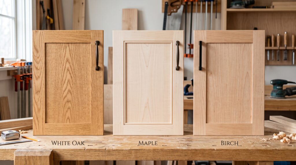 Natural Maple Cabinets Stain Options and Design Ideas Maple, oak and birch cabinet door samples side by side showing grain and colour differences