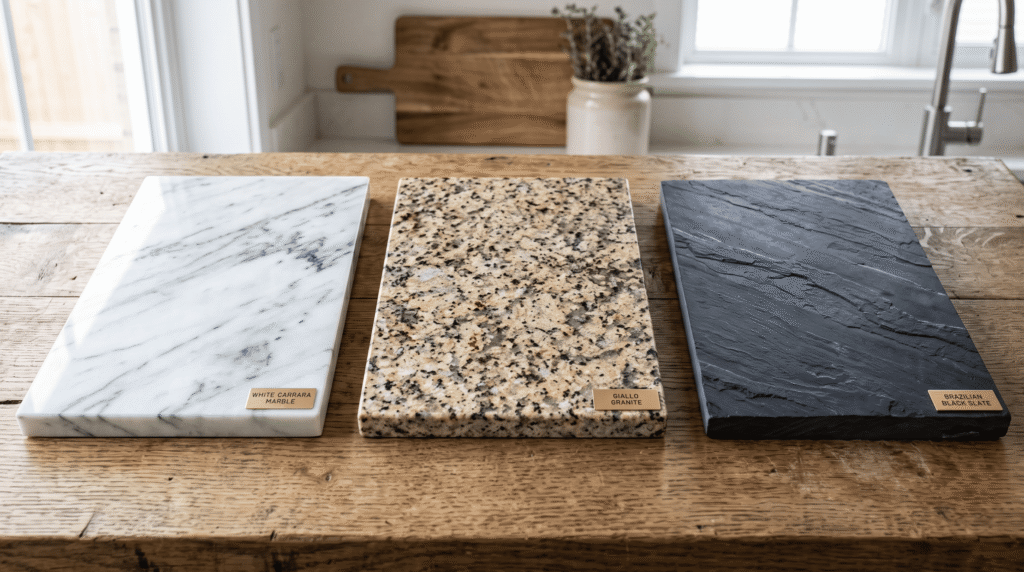 Best Kitchen Countertop Materials in 2026: Compared by Cost, Durability and Style Marble, granite, and slate natural stone countertop samples arranged together, showing veining, colour, and texture differences.