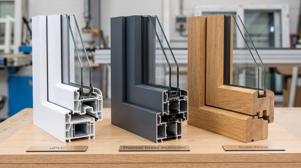 How to Buy Windows From China Complete Guide for Project Buyers Material samples of uPVC, thermal break aluminum, and solid wood window frame profiles side by side