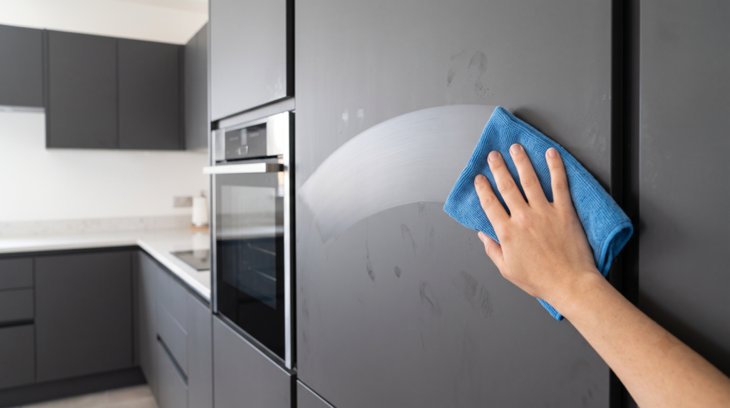 Laminate Kitchen Cabinets: Pros, Cons, Costs and Design Options Matte laminate cabinets in a modern kitchen being wiped clean with a cloth, highlighting the durable, low-maintenance surface.