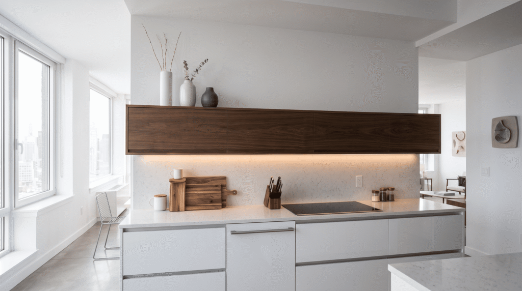 Above Kitchen Cabinet Decor Ideas for a Stylish Kitchen Minimal modern above cabinet decor with a few tall vases and open negative space
