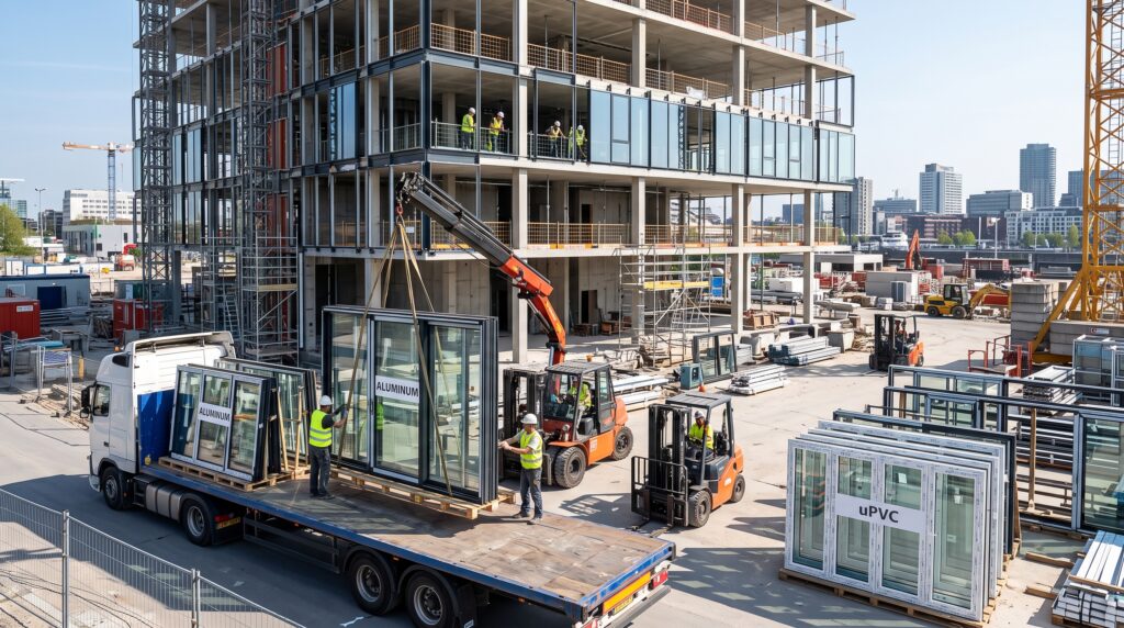 How to Buy Windows From China Complete Guide for Project Buyers Modern architectural construction site receiving custom glazed aluminum and uPVC window systems