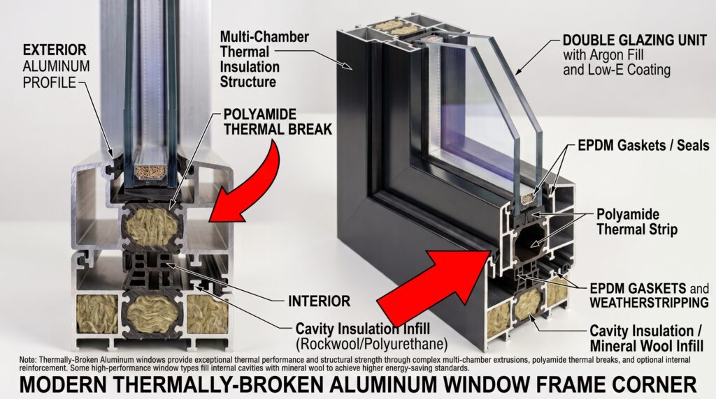 PVC vs Aluminum Windows Which Frame Is Better for Your Project Modern extruded aluminum window frame corner cross-section highlighting the polyamide thermal break