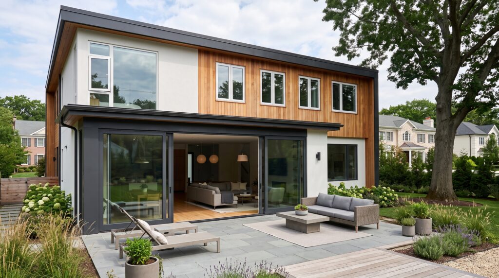 PVC vs Aluminum Windows Which Frame Is Better for Your Project Modern house exterior featuring a mix of uPVC bedroom windows upstairs and large aluminum sliding glass doors on the patio