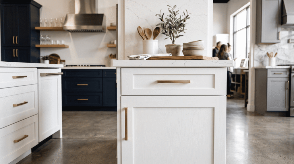 Best Kitchen Cabinet Manufacturers for Quality and Value Modern kitchen showroom with multiple display sets, close-up of a white shaker cabinet with brushed brass hardware