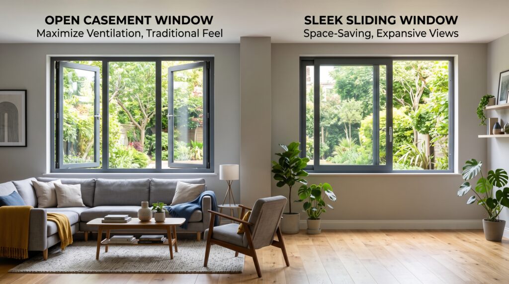 Casement vs Sliding Windows Which Is Better for Your Project Modern living room interior showcasing a side-by-side comparison of an open casement window and a sleek sliding window