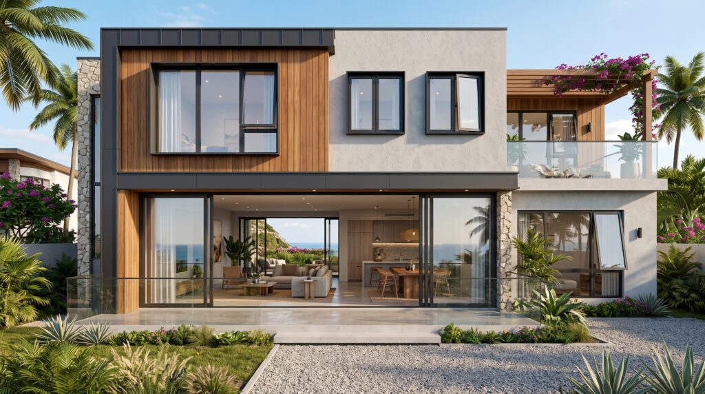 Casement vs Sliding Windows Which Is Better for Your Project Modern residential house facade combining large living room sliding windows and upper-floor casement windows