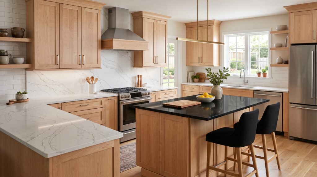 Natural Maple Cabinets Stain Options and Design Ideas Natural maple cabinets with white quartz, marble-look and black granite countertop pairings shown