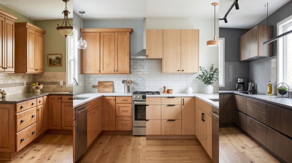 Natural Maple Cabinets Stain Options and Design Ideas Natural maple kitchen showing different wall colors, backsplash options and hardware for four design styles