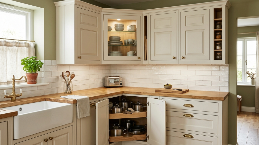 Corner Kitchen Cabinet Ideas for Better Storage Off-white corner kitchen cabinet with open pull-out storage for pots and pans.