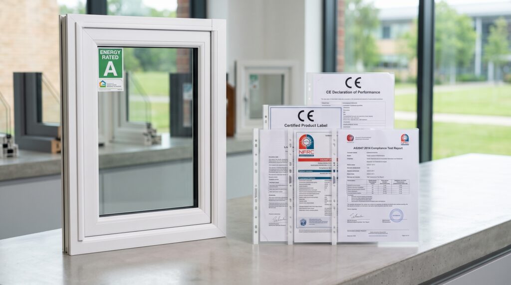 How to Buy Windows From China Complete Guide for Project Buyers Official product compliance certificates including CE, NFRC, and AS2047 test reports next to an energy-rated window unit