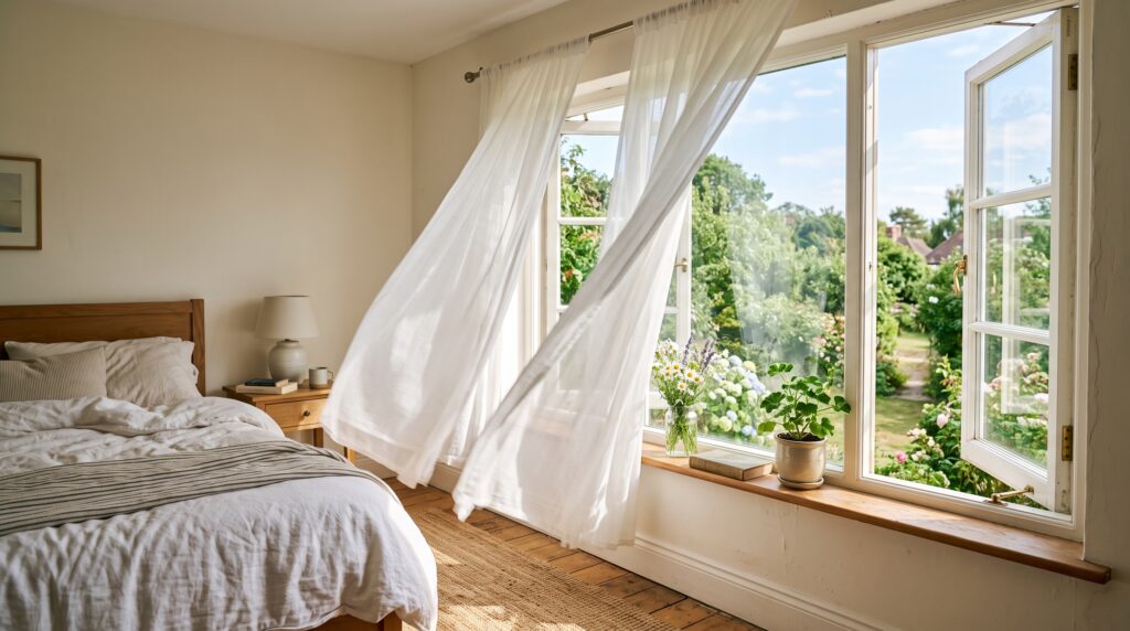 Casement vs Sliding Windows Which Is Better for Your Project Open casement window catching outdoor breeze with gently blowing sheer curtains in a sunlit bedroom
