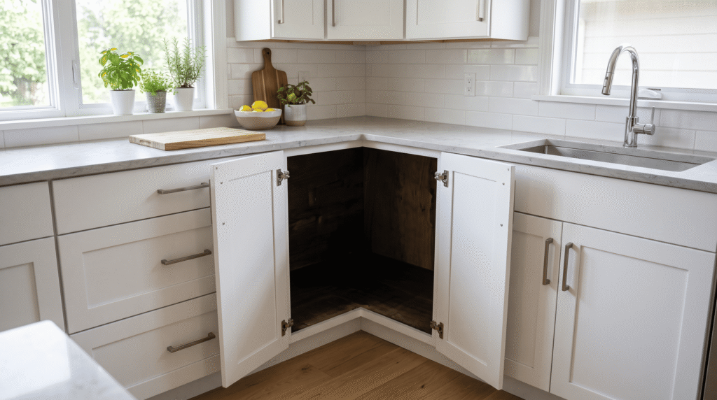 Corner Kitchen Cabinet Ideas for Better Storage Open corner base cabinet with bifold doors wide, showing a deep inaccessible blind corner cavity with no storage mechanism.