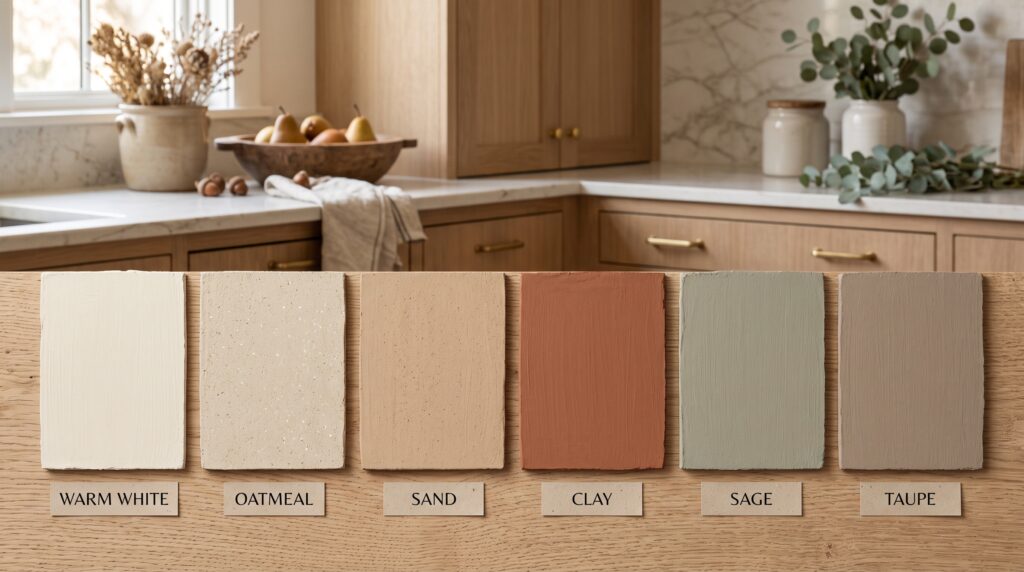 Organic Modern Kitchen Ideas with Natural Materials Organic modern kitchen color swatches showing warm white, oatmeal, sand, clay, sage and taupe tones side by side