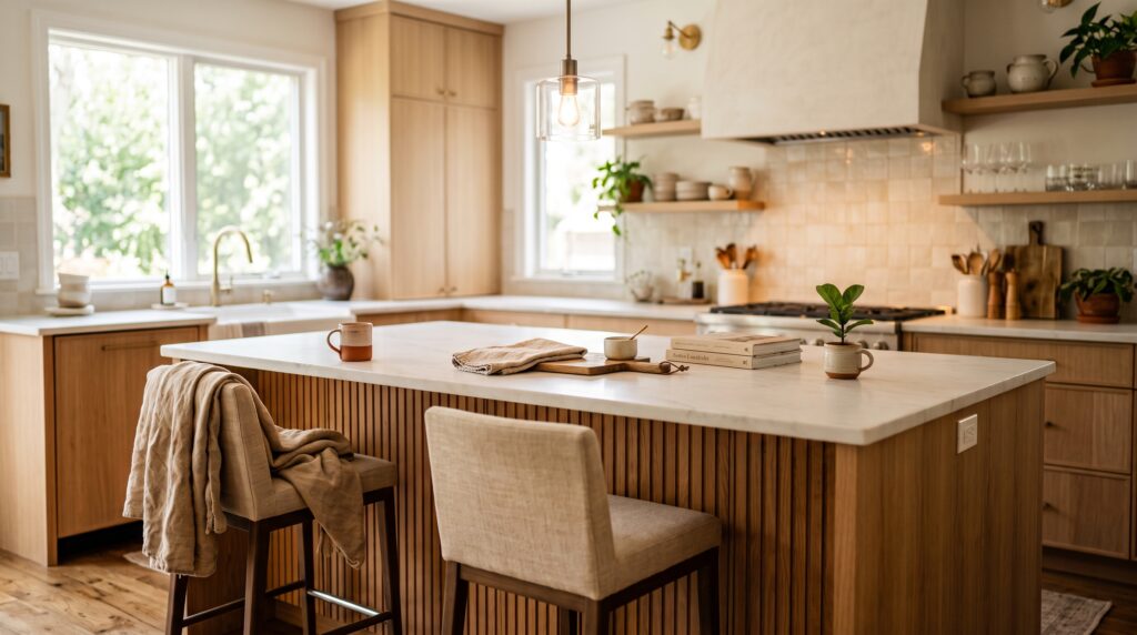 Organic Modern Kitchen Ideas with Natural Materials Organic modern kitchen island with aged brass pendant, ceramic vessel, linen bar stools and indoor plant showing warm styling