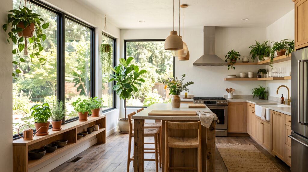 Organic Modern Kitchen Ideas with Natural Materials Organic modern kitchen with large windows, herb shelf, pendant lights and plants showing biophilic design and natural light